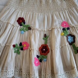 Johnny Was Cream Mini Skirt with Floral Embroidery